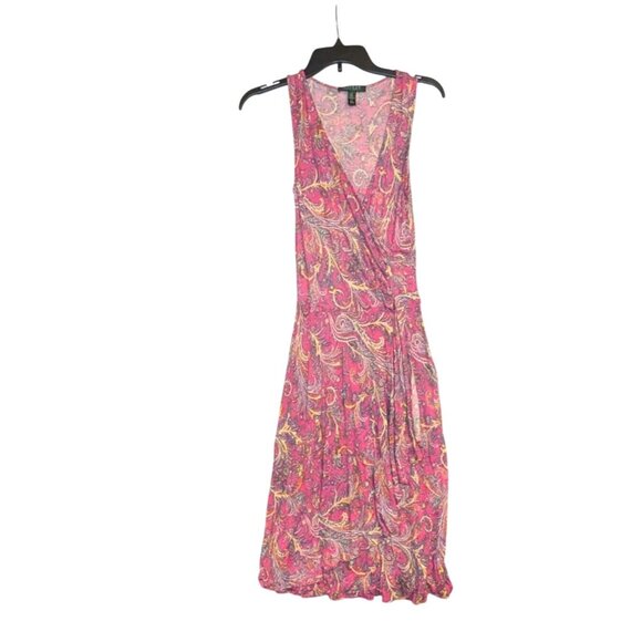 Lauren Ralph Lauren Paisley Pink Faux Wrap Dress XS Sleeveless Viscose Stretch - Picture 1 of 6